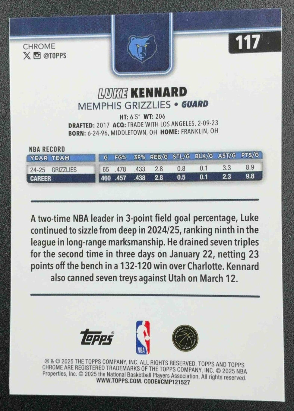 LUKE KENNARD 2025-26 TOPPS CHROME #117 RED, WHITE & BLUE REFRACTOR GRIZZLIES