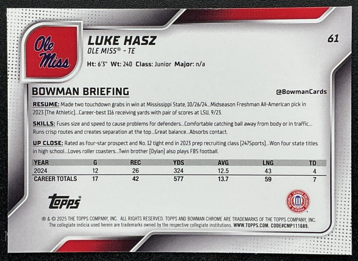 LUKE HASZ 2025 BOWMAN CHROME UNIVERSITY SAPPHIRE #61 1ST PROSPECT REBELS