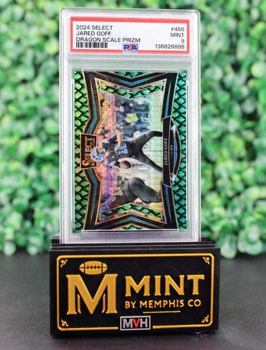 JARED GOFF 2024 SELECT FIELD LEVEL #466 DRAGON SCALE PRIZM /70 LIONS PSA 9