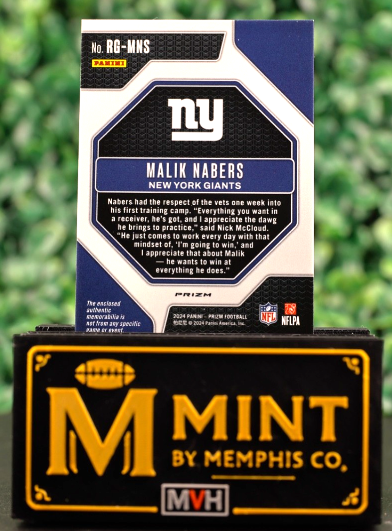 MALIK NABERS 2024 PRIZM ROOKIE GEAR NEON GREEN PULSAR PRIZM RC NY GIANTS