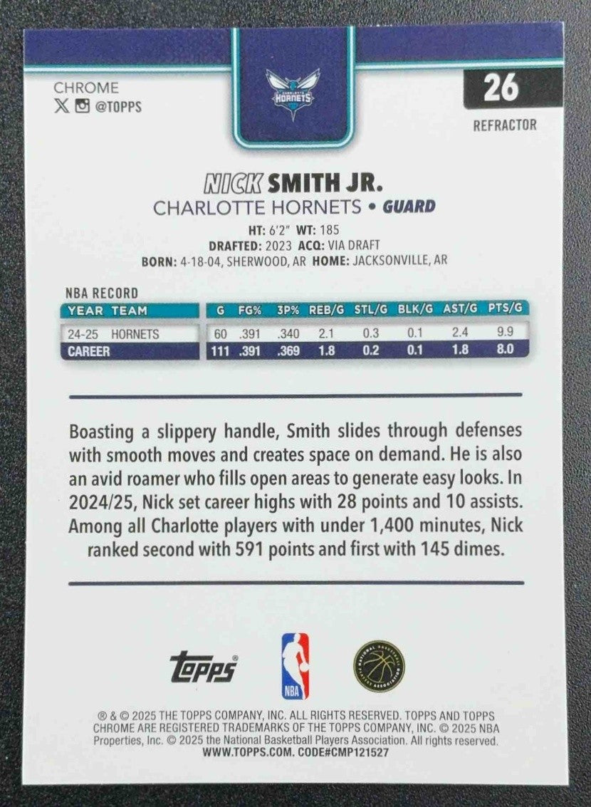 NICK SMITH JR. 2025-26 TOPPS CHROME #26 REFRACTOR HORNETS