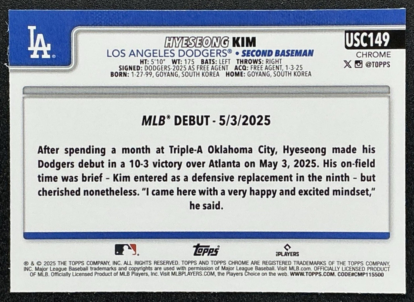 HYESEONG KIM 2025 TOPPS CHROME UPDATE SAPPHIRE #USC149 DODGERS