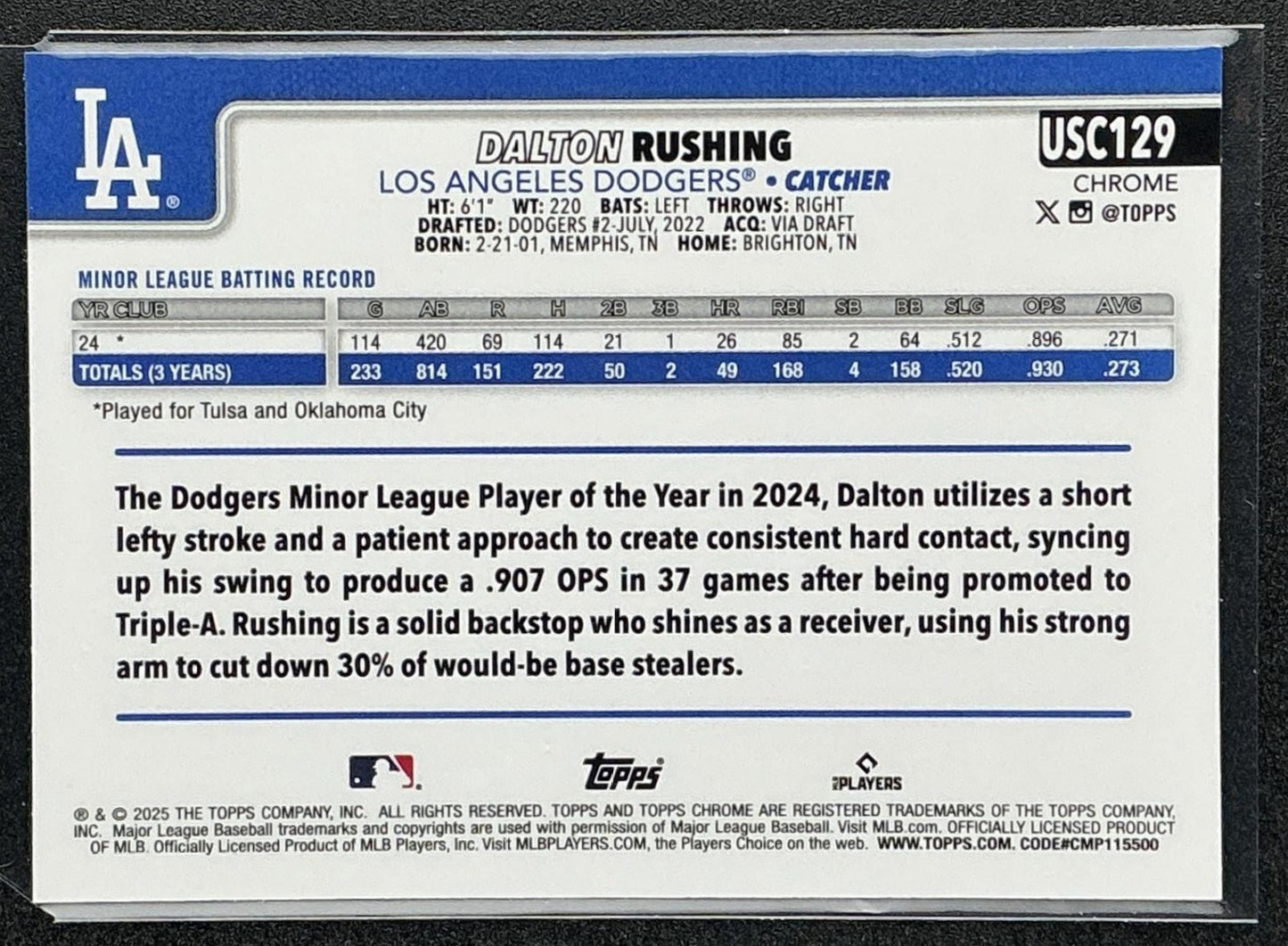 DALTON RUSHING 2025 TOPPS CHROME UPDATE #USC129 PRISM REFRACTOR RC DODGERS