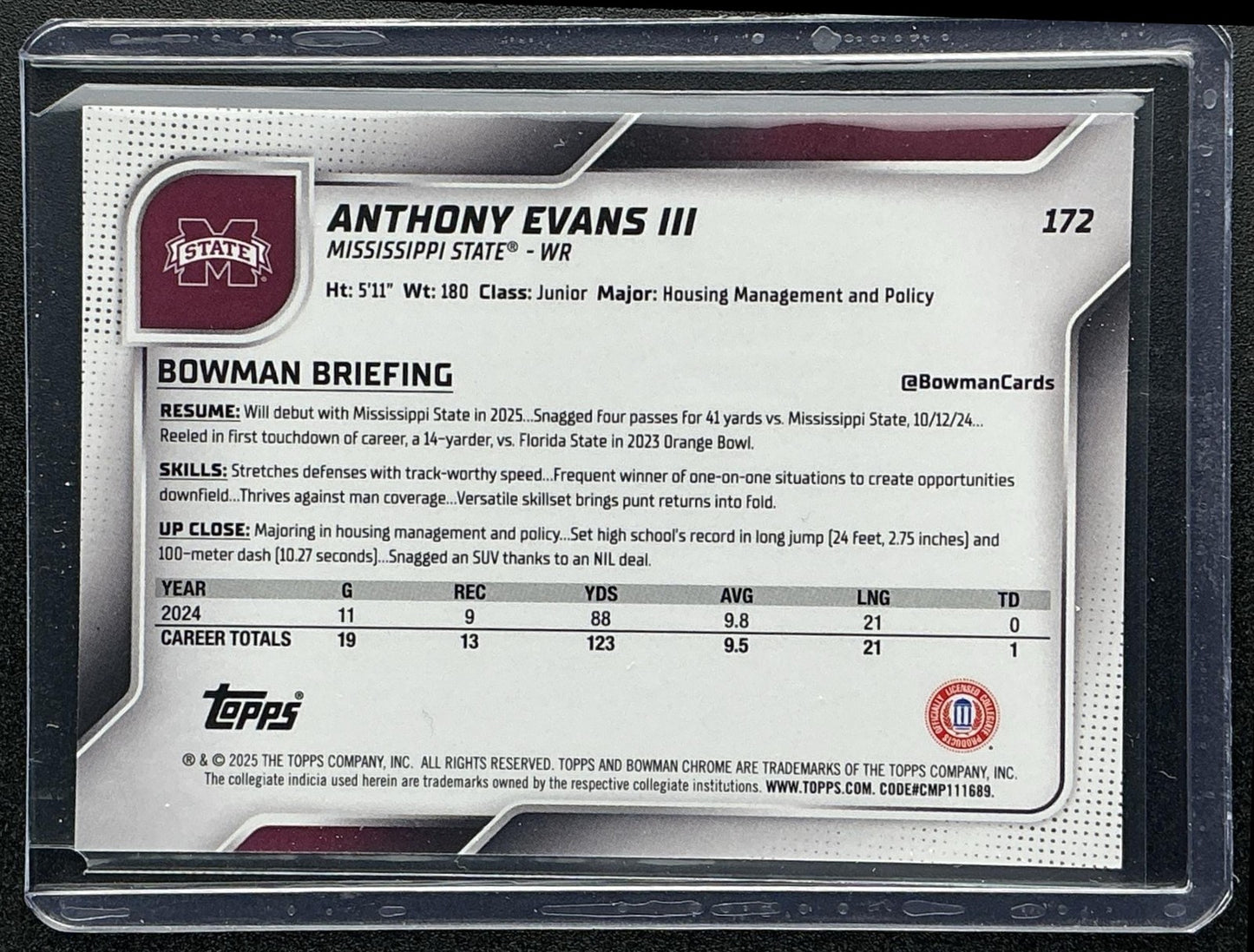 2025 Bowman Chrome University Sapphire Anthony Evans III #172 Yellow /75 1st
