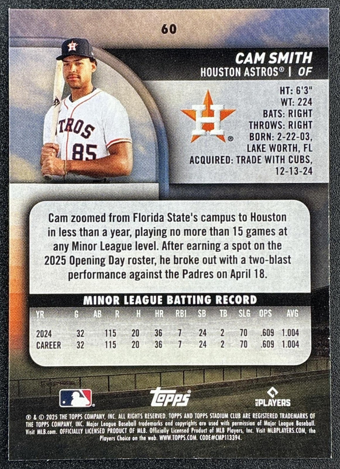 CAM SMITH 2025 TOPPS STADIUM CLUB #60 RC ASTROS