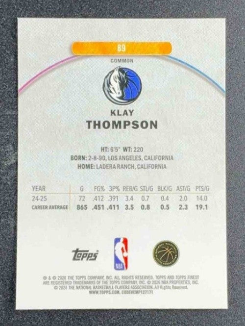 KLAY THOMPSON 2025-26 TOPPS FINEST #89 COMMON MAVERICKS
