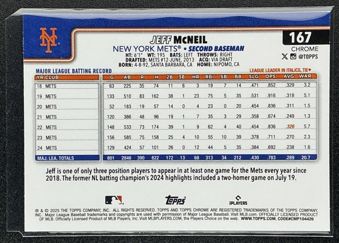 JEFF MCNEIL 2025 TOPPS CHROME #167 SEPIA REFRACTOR METS