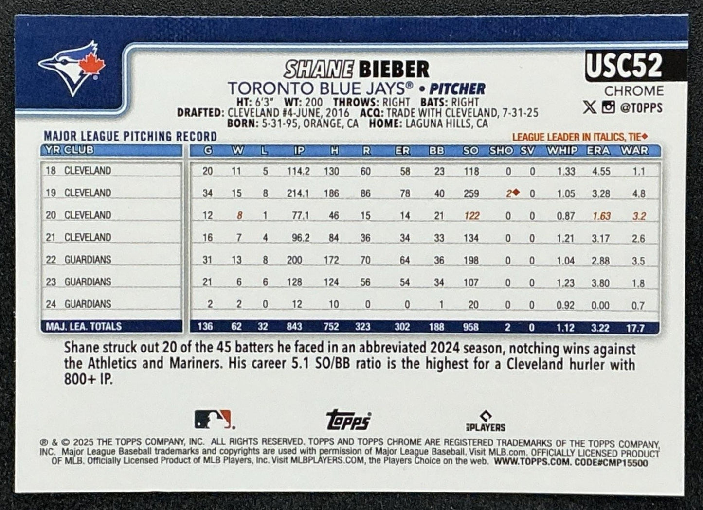 SHANE BIEBER 2025 TOPPS CHROME UPDATE #USC52 SEPIA REFRACTOR BLUE JAYS