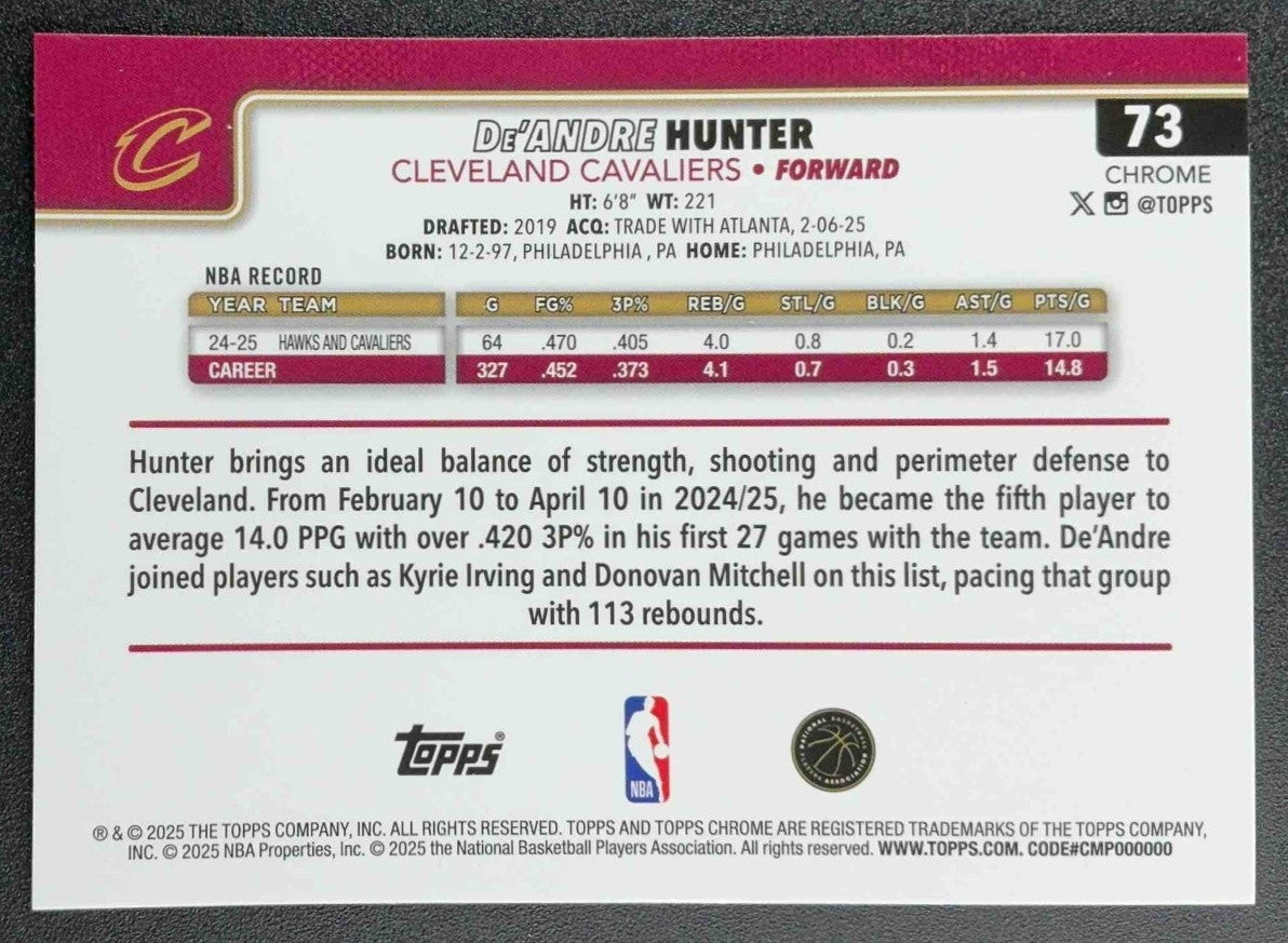 DE'ANDRE HUNTER 2025-26 TOPPS CHROME #73 PRISM REFRACTOR CAVALIERS