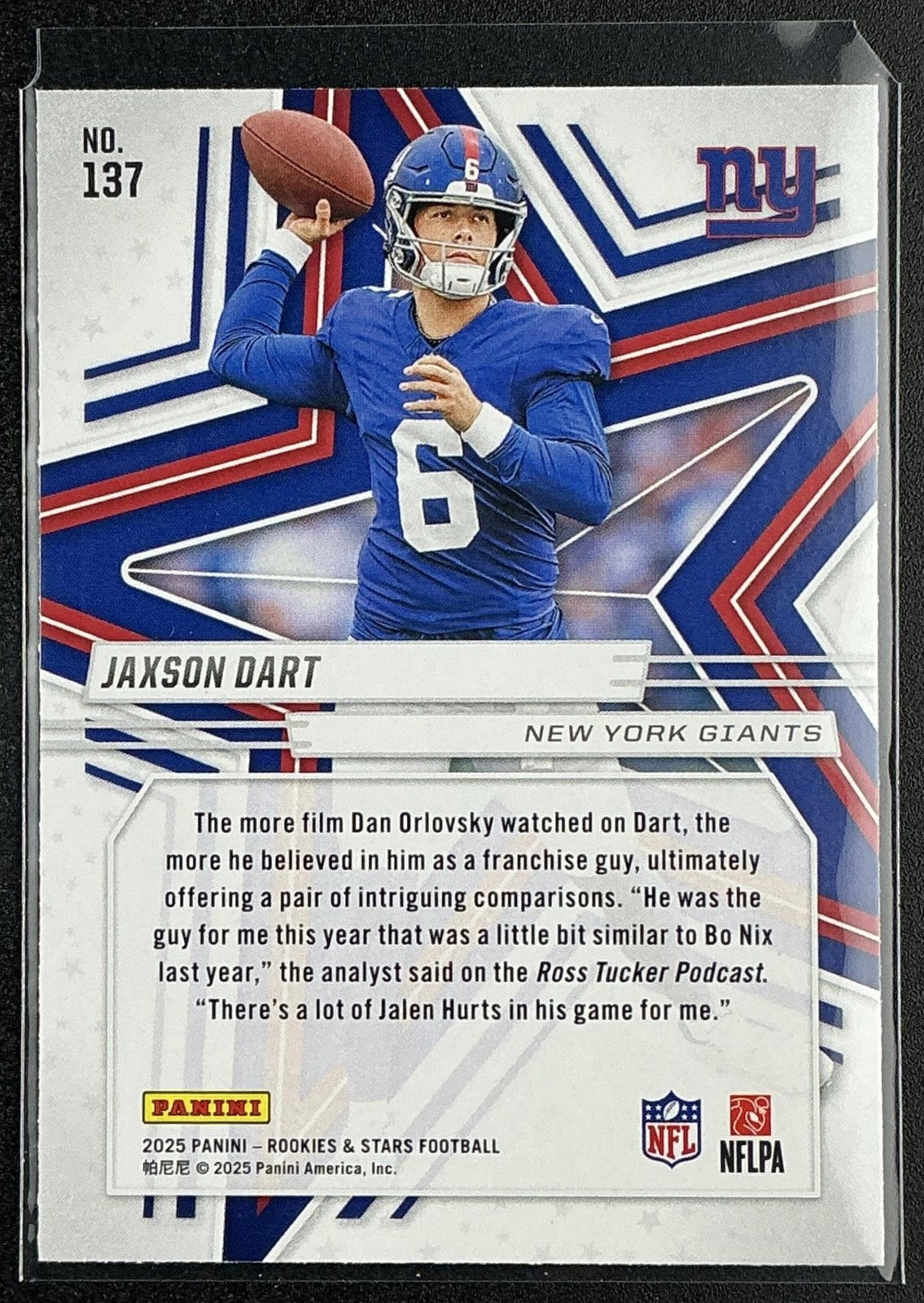 JAXSON DART 2025 PANINI ROOKIES & STARS #137 RC GIANTS
