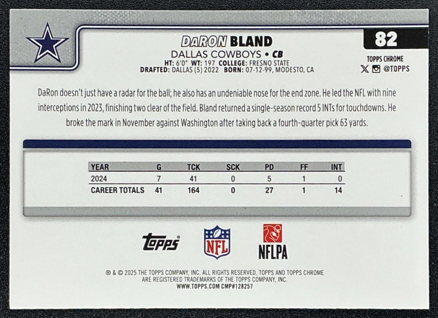DARON BLAND 2025 TOPPS CHROME #82 PINK REFRACTOR 18/250 COWBOYS