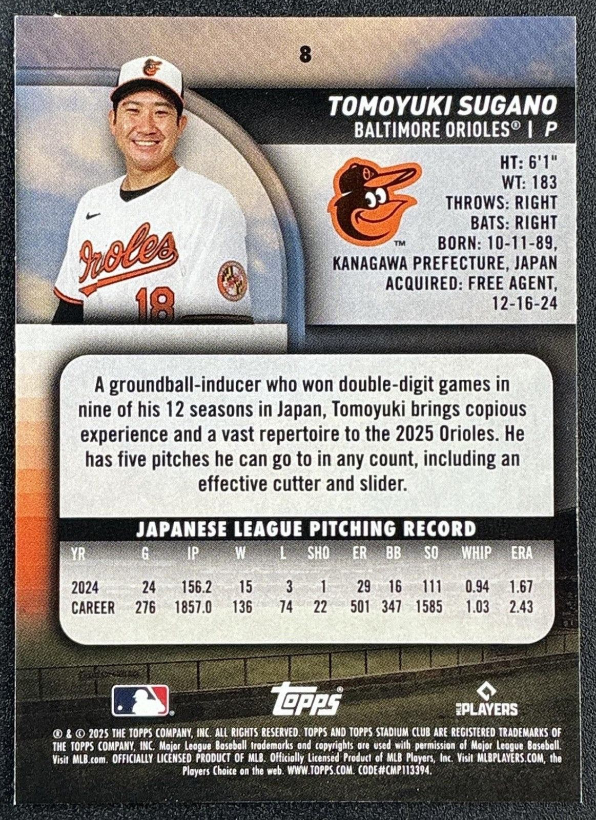 TOMOYUKI SUGANO 2025 TOPPS STADIUM CLUB #8 RED FOIL RC ORIOLES