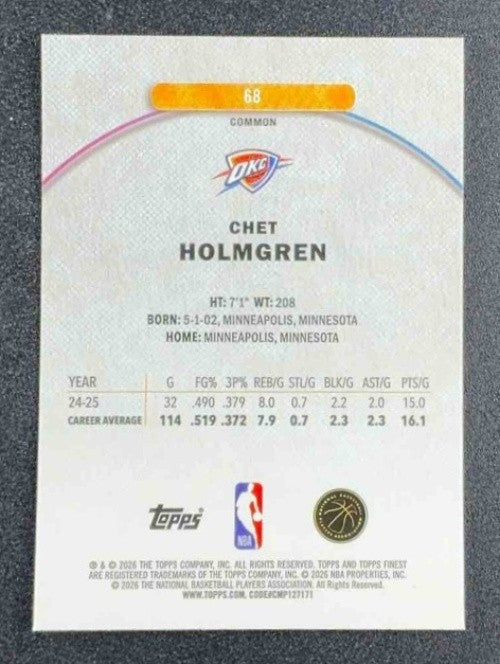 CHET HOLMGREN 2025-26 TOPPS FINEST #68 COMMON THUNDER