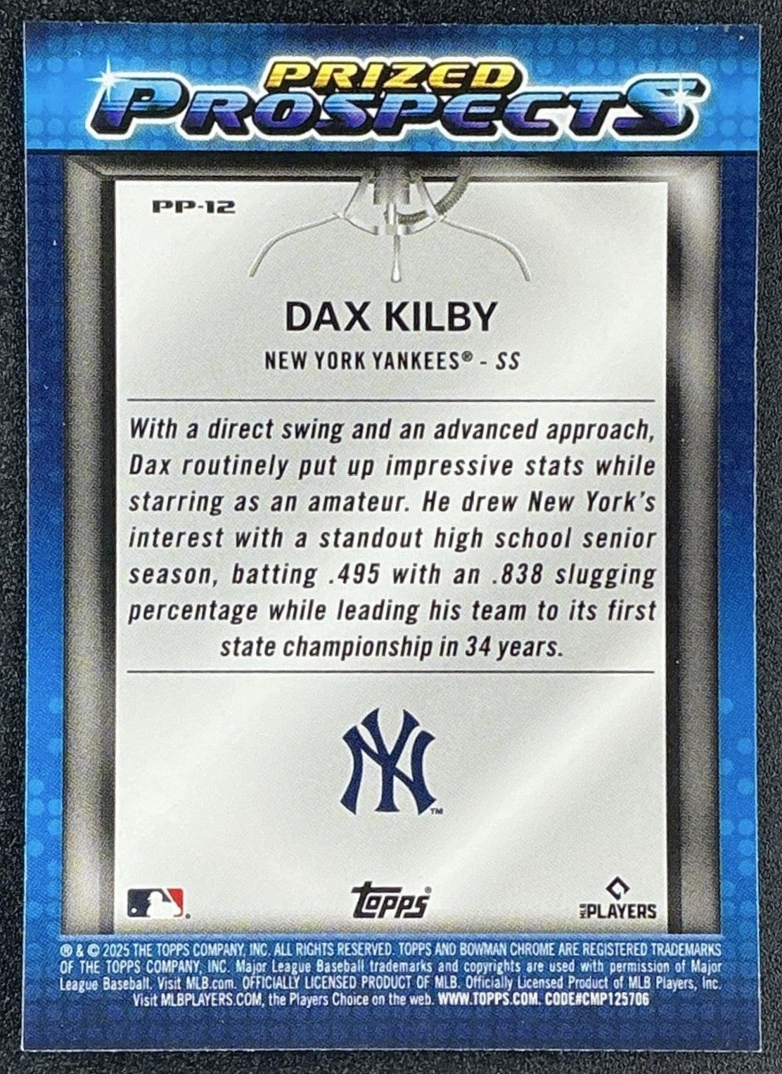 DAX KILBY 2025 BOWMAN DRAFT #PP-12 CHROME PRIZED PROSPECTS YANKEES