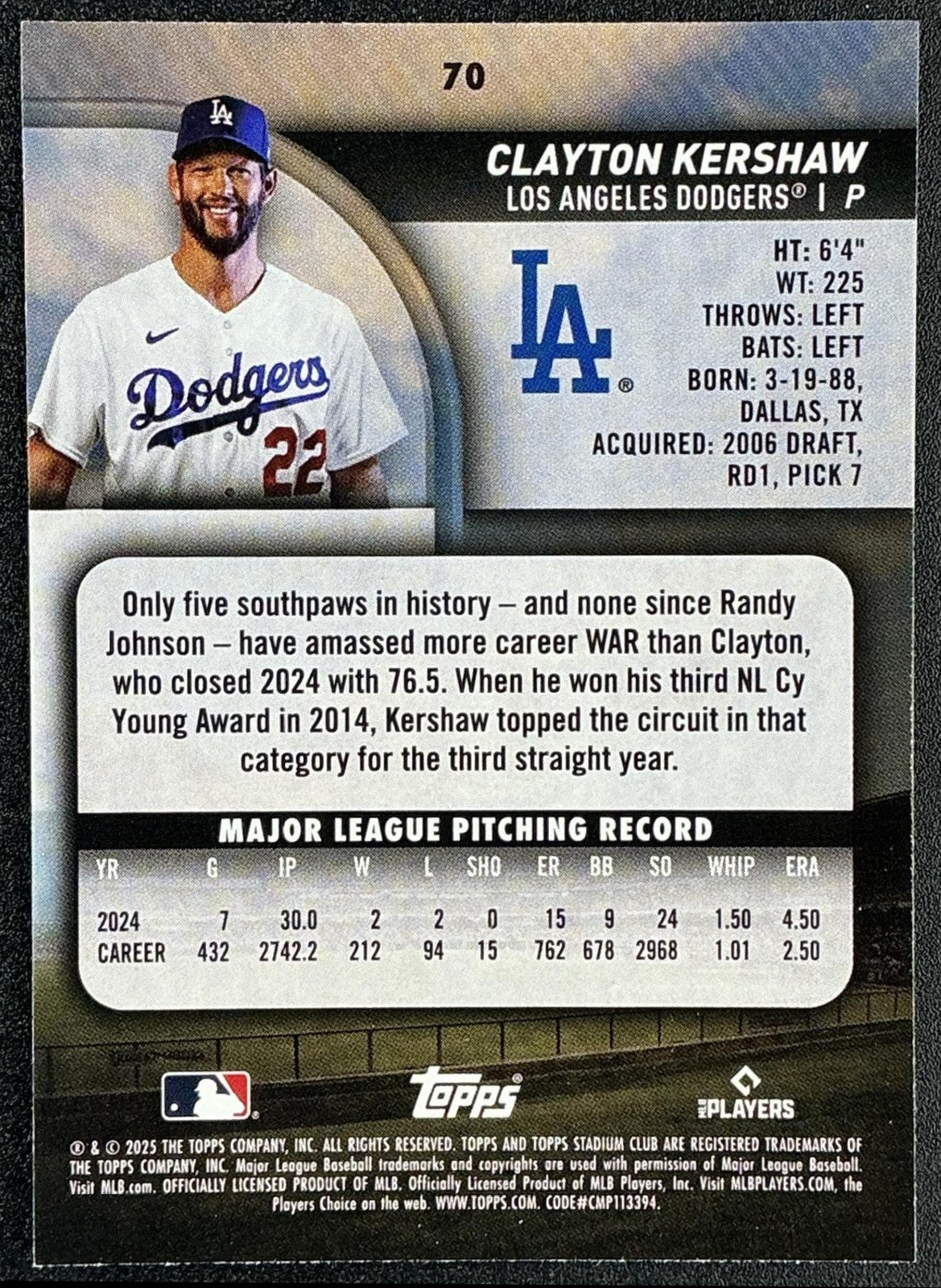 CLAYTON KERSHAW 2025 TOPPS STADIUM CLUB #70 DODGERS
