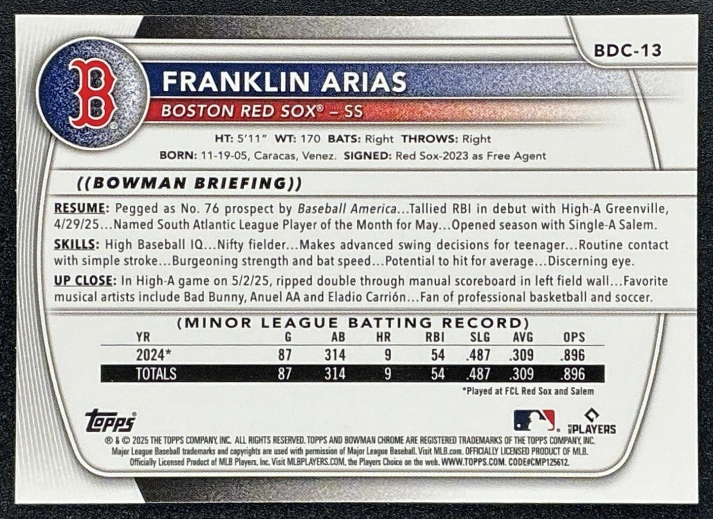 2025 Bowman Draft Franklin Arias #BDC-13 Chrome Steel Metal Refractor /100
