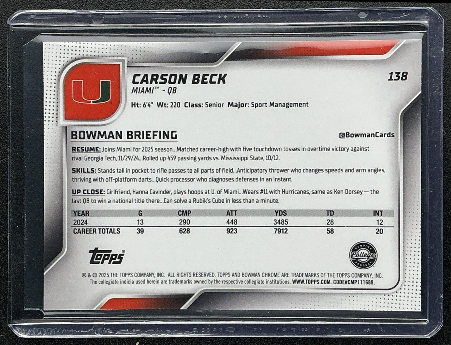 CARSON BECK 2025 BOWMAN CHROME UNIVERSITY SAPPHIRE #138 PROSPECT HURRICANES