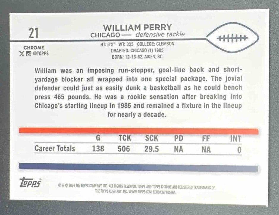 WILLIAM PERRY 2024 TOPPS CHROME #21 X-FRACTOR BEARS