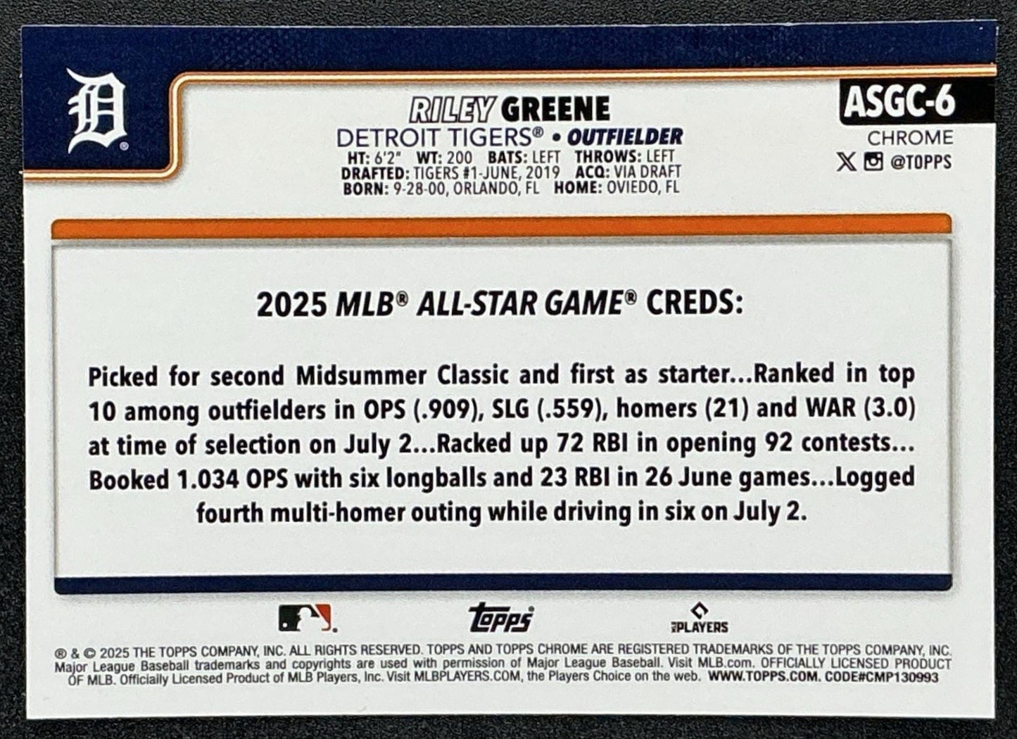 RILEY GREENE 2025 TOPPS CHROME UPDATE #ASGC-6 ALL-STAR GAME TIGERS