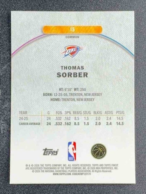 THOMAS SORBER 2025-26 TOPPS FINEST #15 COMMON OIL SPILL REFRACTOR RC THUNDER