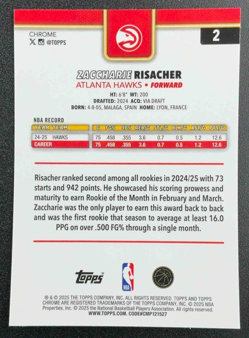 ZACCHARIE RISACHER 2025-26 TOPPS CHROME #2 PRISM REFRACTOR HAWKS