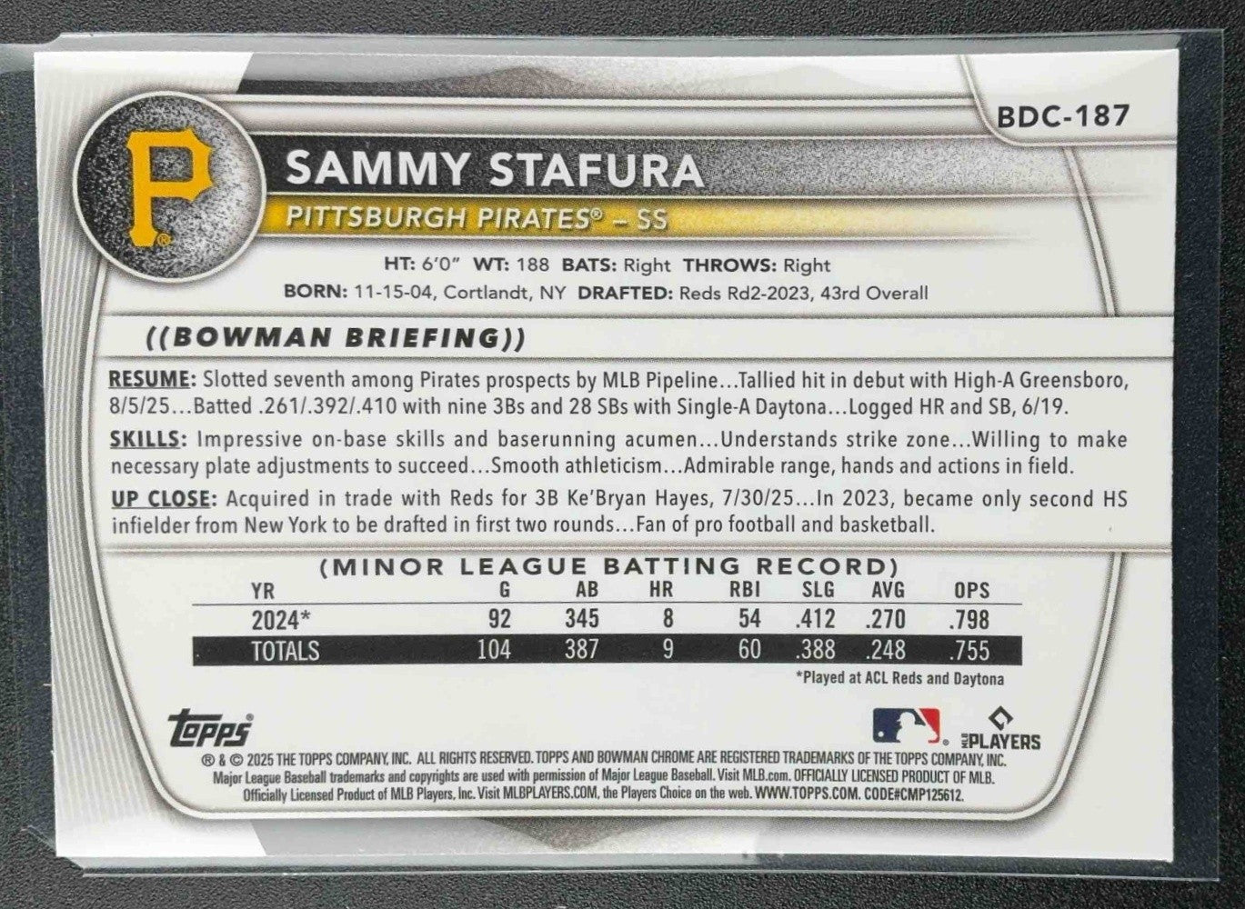 SAMMY STAFURA 2025 BOWMAN DRAFT #BDC-187 CHROME LASER REFRACTOR PIRATES