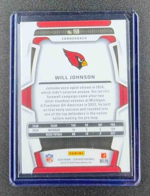WILL JOHNSON 2025 PANINI CERTIFIED #159 ROOKIES MIRROR /399 RC CARDINALS
