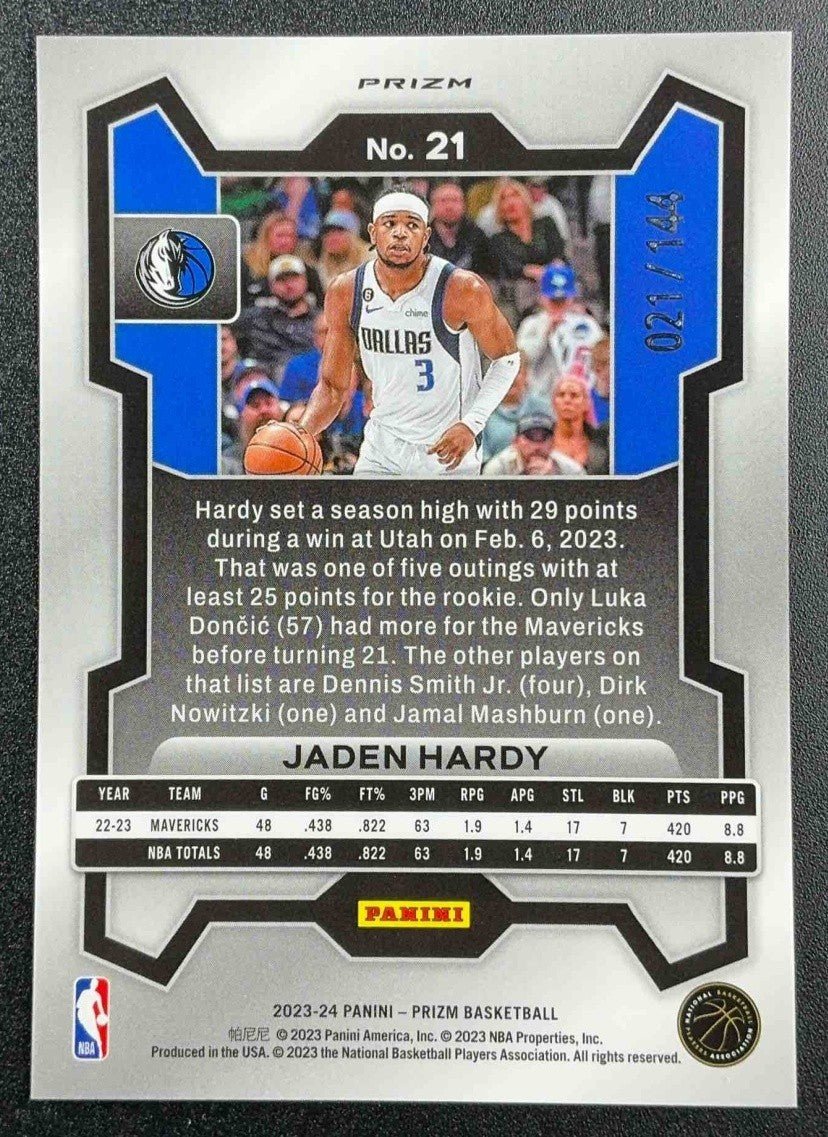JADEN HARDY 2023-24 PANINI PRIZM #21 PRIZMS BLUE SPARKLE 21/144 MAVERICKS