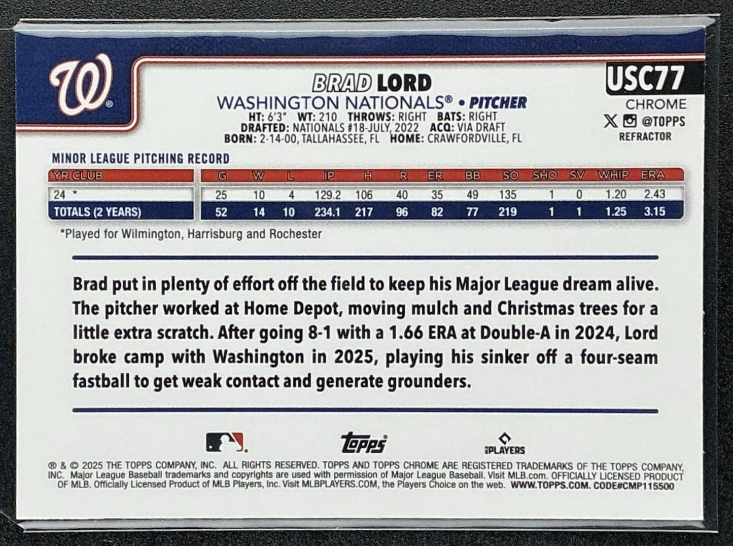 BRAD LORD 2025 TOPPS CHROME UPDATE #USC77 REFRACTOR RC NATIONALS