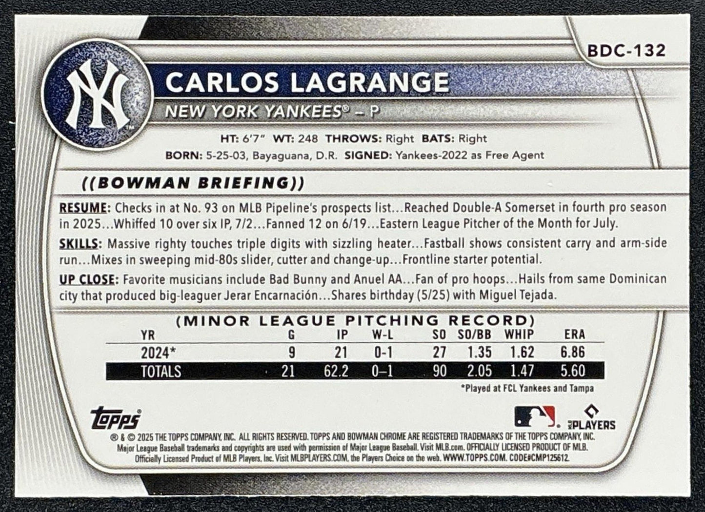 2025 Bowman Draft Carlos Lagrange #BDC-132 Chrome Aqua Reptilian Refractor /125