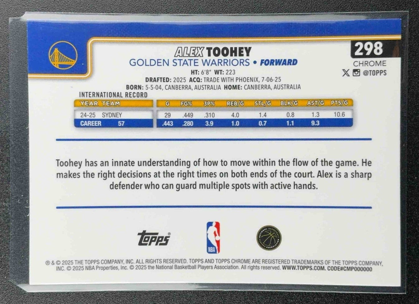 ALEX TOOHEY 2025-26 TOPPS CHROME #298 X-FRACTOR RC WARRIORS