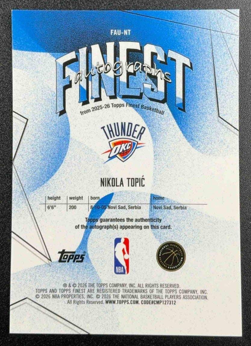NIKOLA TOPIC 2025-26 TOPPS FINEST #FAU-NT AUTO THUNDER