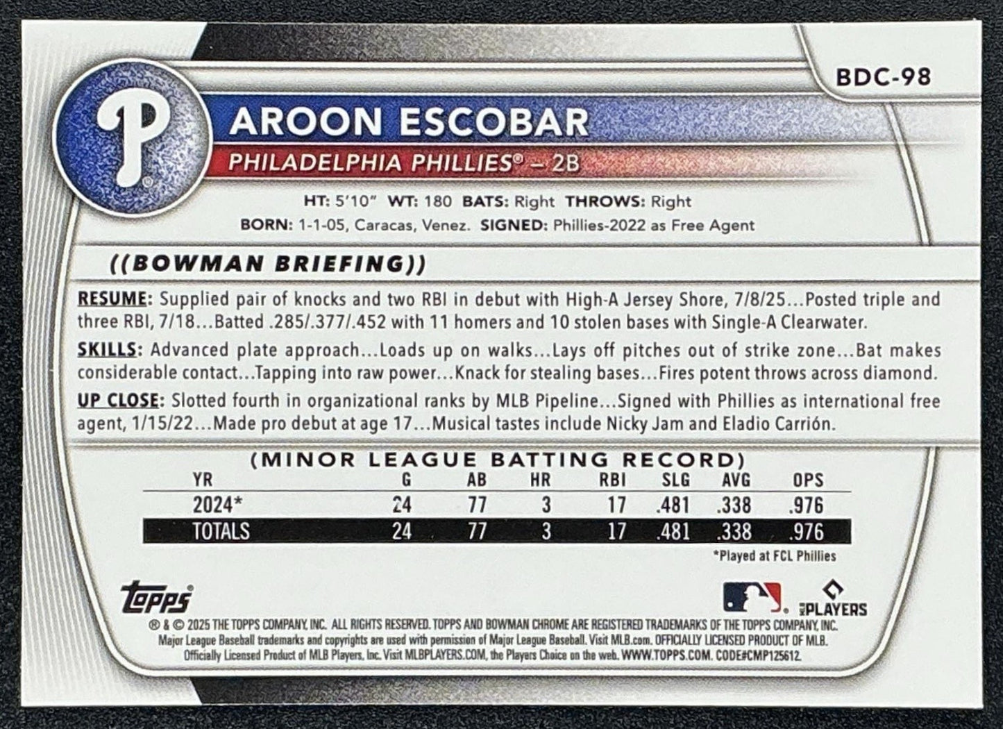 AROON ESCOBAR 2025 BOWMAN DRAFT #BDC-98 CHROME X-FRACTOR PHILLIES