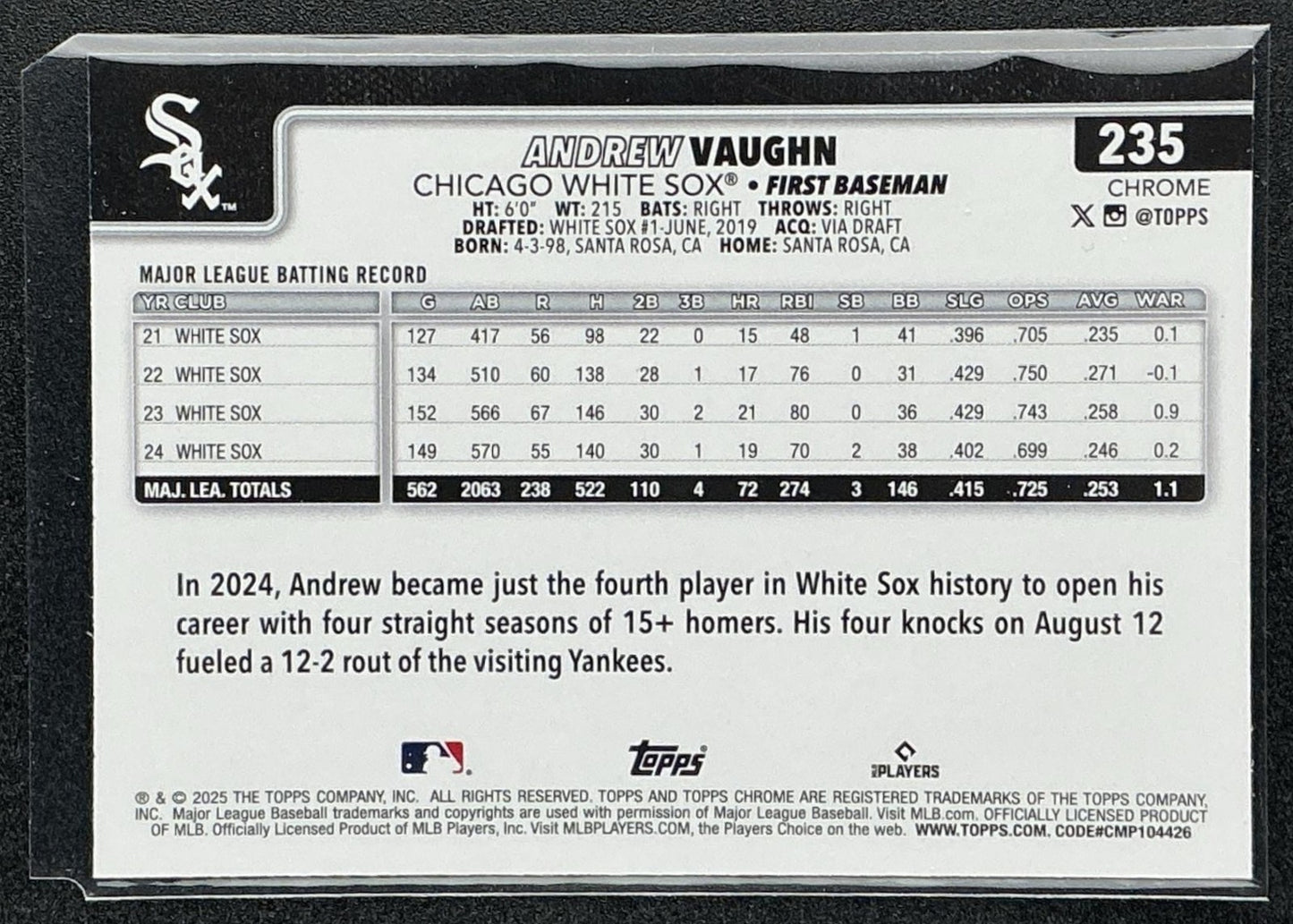 ANDREW VAUGHN 2025 TOPPS CHROME #235 RAYWAVE REFRACTOR WHITE SOX