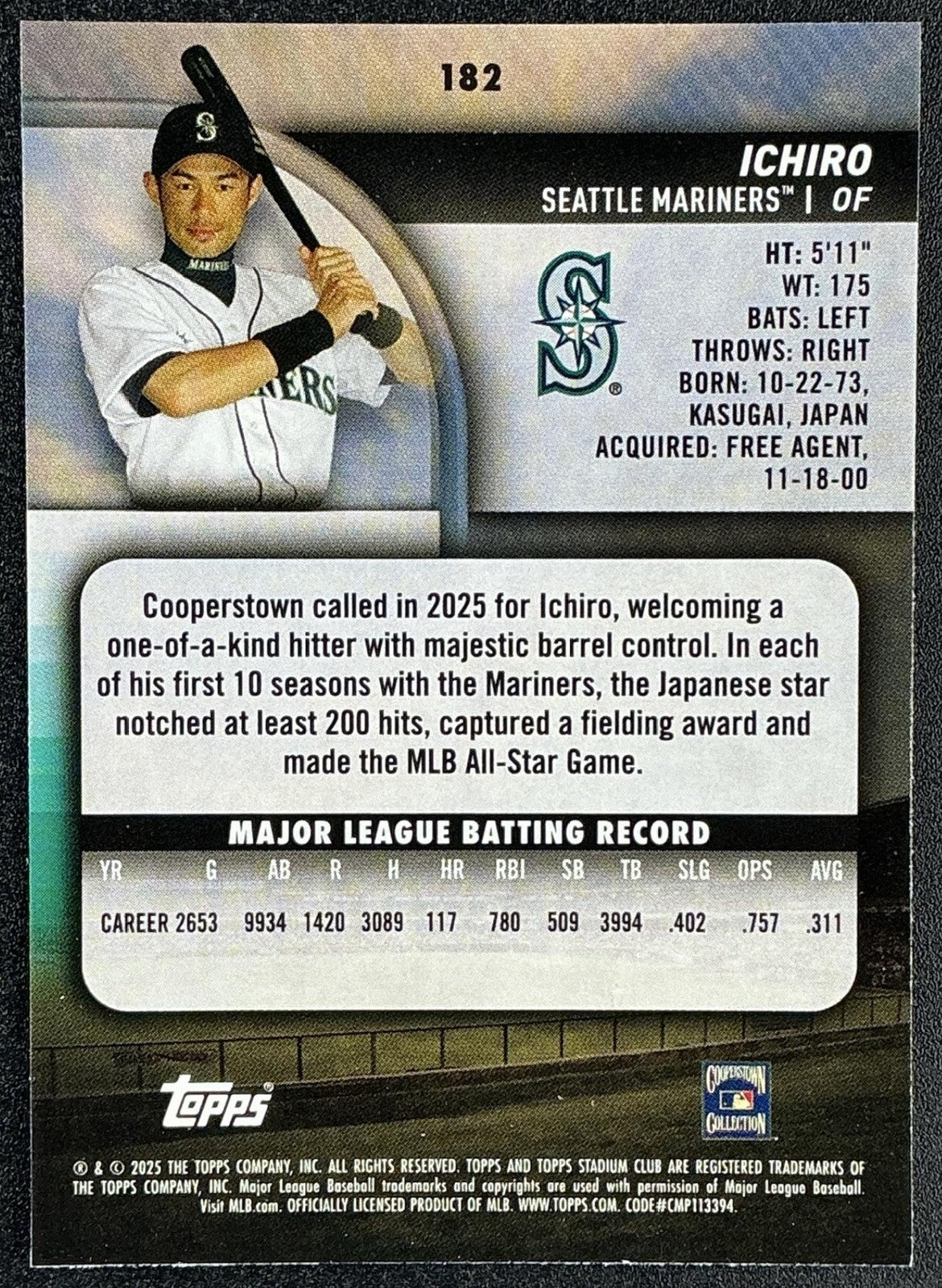 ICHIRO 2025 TOPPS STADIUM CLUB #182 MARINERS