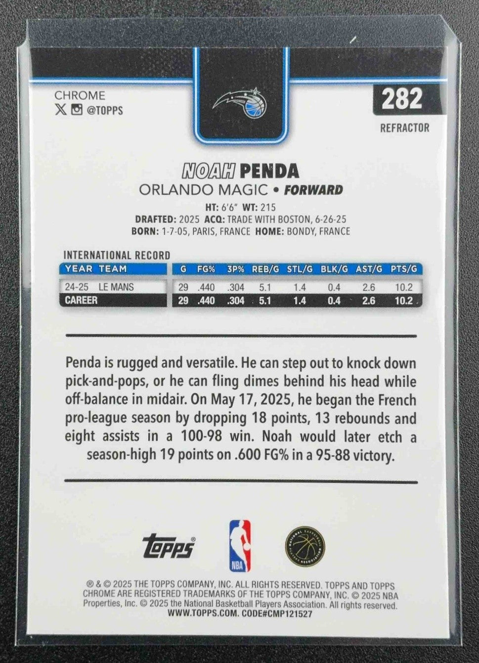 NOAH PENDA 2025-26 TOPPS CHROME #282 REFRACTOR RC MAGIC