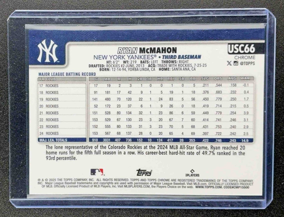 RYAN MCMAHON 2025 TOPPS CHROME UPDATE #USC66 GOLD WAVE REFRACTOR 25/50 YANKEES