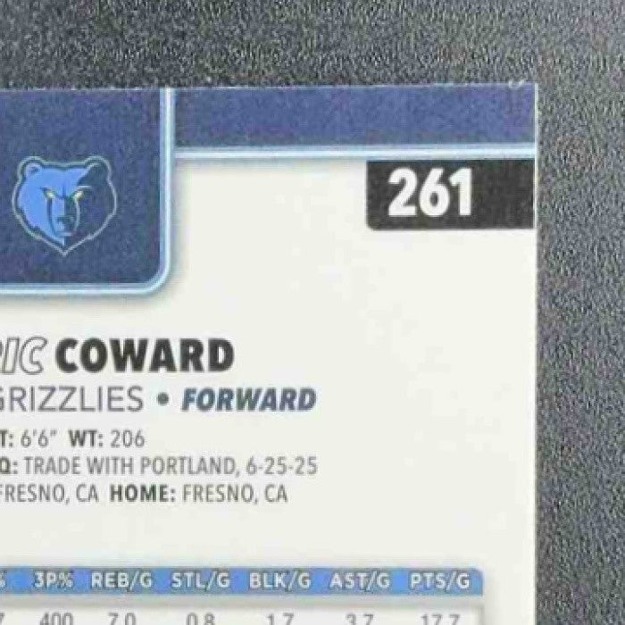 CEDRIC COWARD 2025-26 TOPPS CHROME #261 RC GRIZZLIES