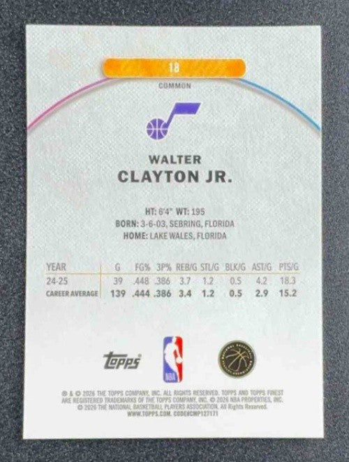 WALTER CLAYTON JR. 2025-26 TOPPS FINEST #18 COMMON RC JAZZ
