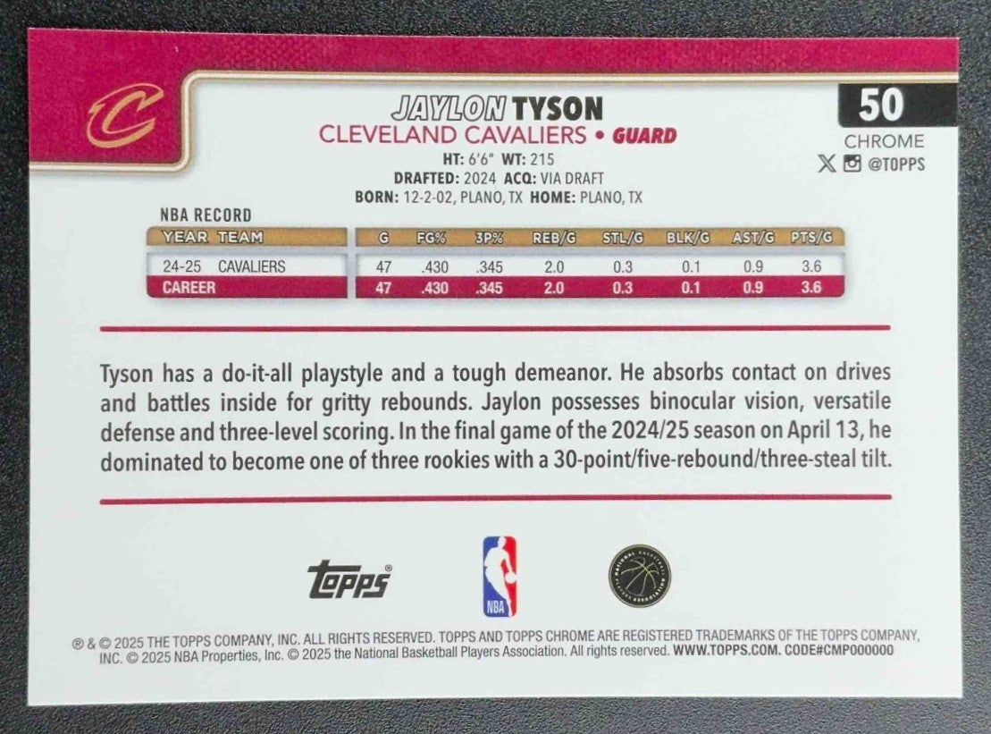 JAYLON TYSON 2025-26 TOPPS CHROME #50 GREEN WAVE REFRACTOR 5/99 CAVALIERS