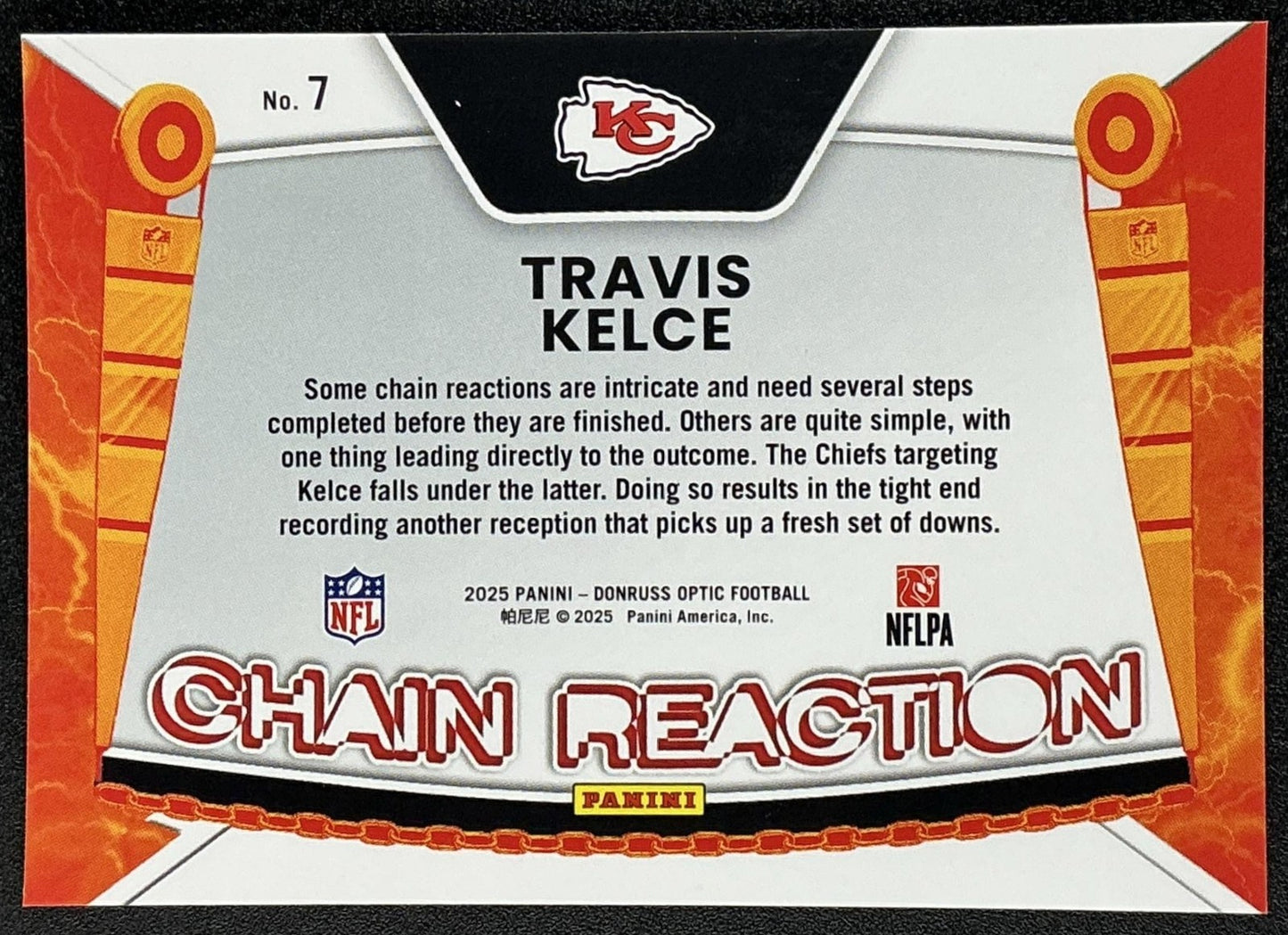 TRAVIS KELCE 2025 PANINI DONRUSS OPTIC #7 CHAIN REACTION CHIEFS