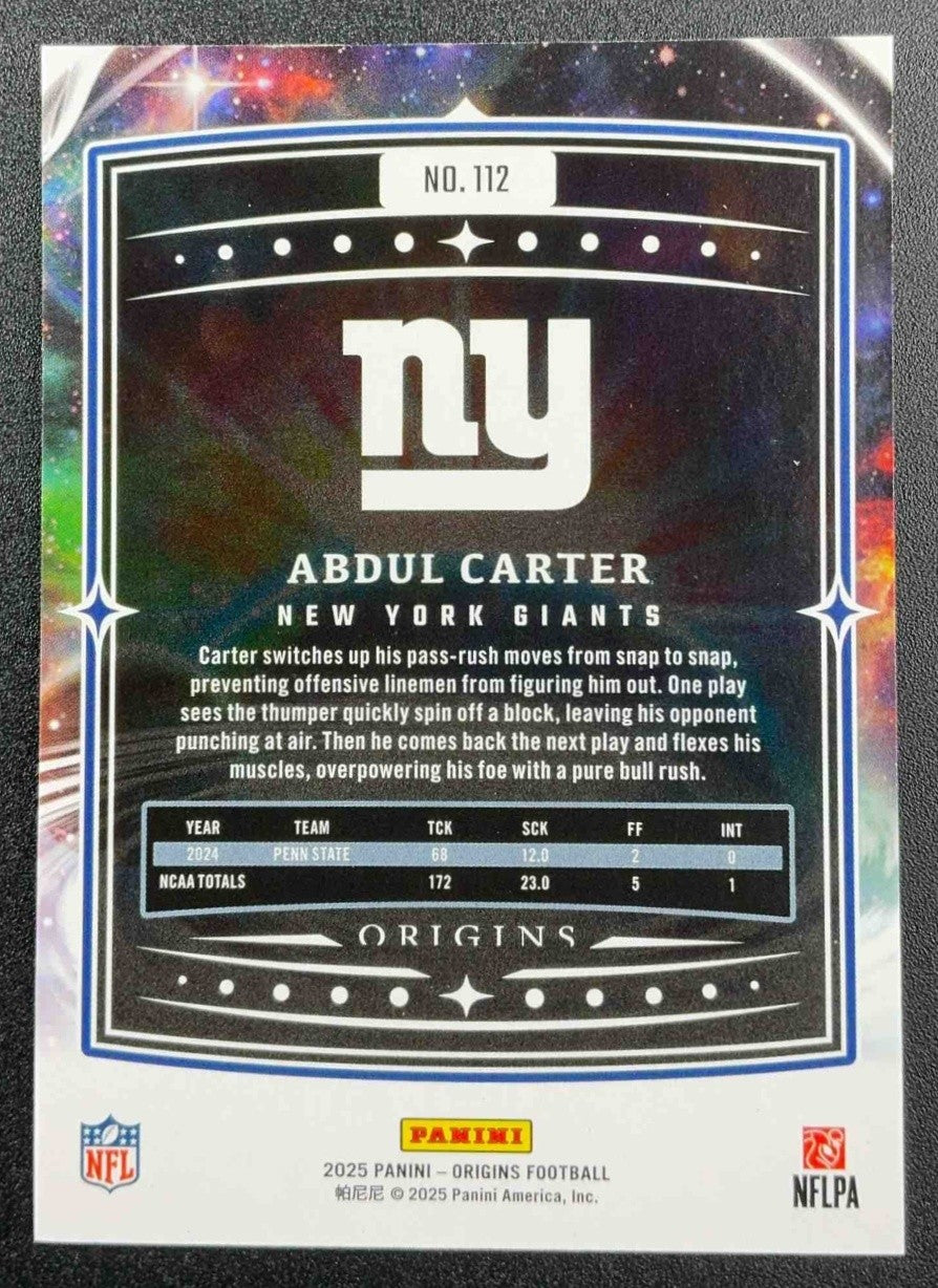 ABDUL CARTER 2025 PANINI ORIGINS #112 ROOKIE RC GIANTS