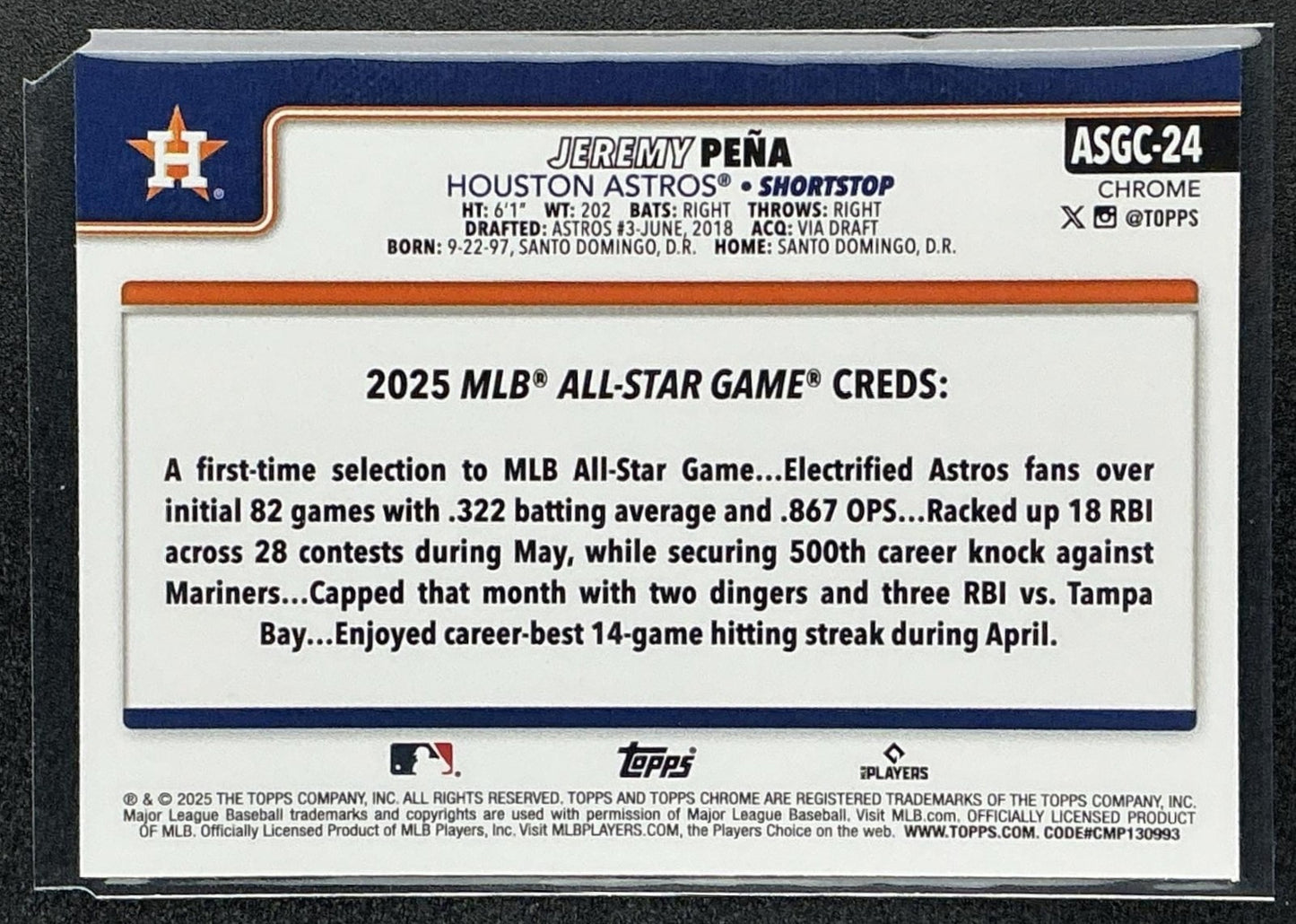 JEREMY PENA 2025 TOPPS CHROME UPDATE #ASGC-24 ALL-STAR GAME ASTROS