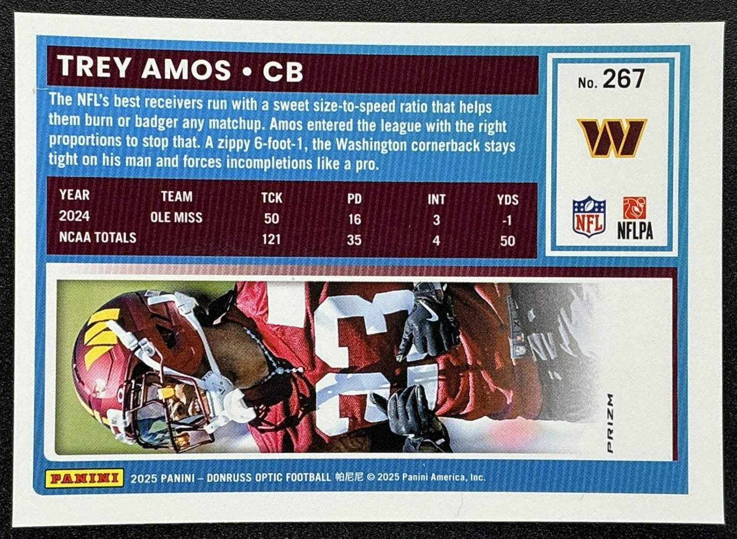 TREY AMOS 2025 PANINI DONRUSS OPTIC #267 RATED ROOKIE HOLO PRIZM COMMANDERS