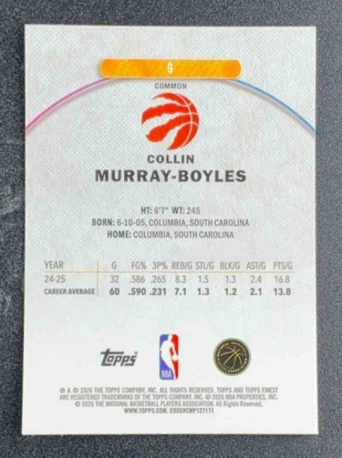 COLLIN MURRAY-BOYLES 2025-26 TOPPS FINEST #9 COMMON RC RAPTORS