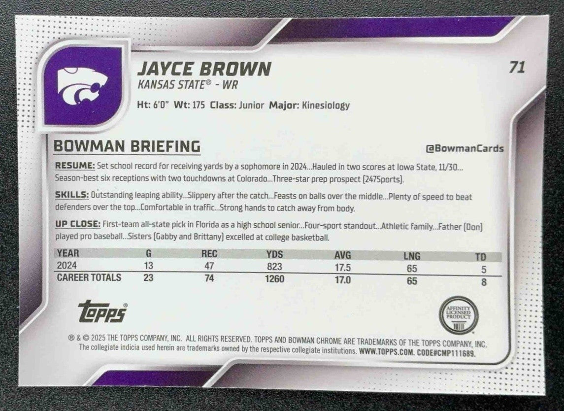 JAYCE BROWN 2025 BOWMAN CHROME UNIVERSITY SAPPHIRE #71 1ST PROSPECT WILDCATS