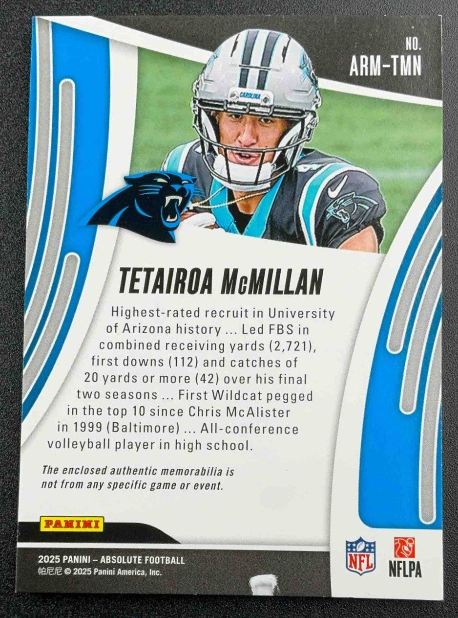 2025 Panini Absolute Tetairoa McMillan #ARM-TMN Rookie Materials Gold /99