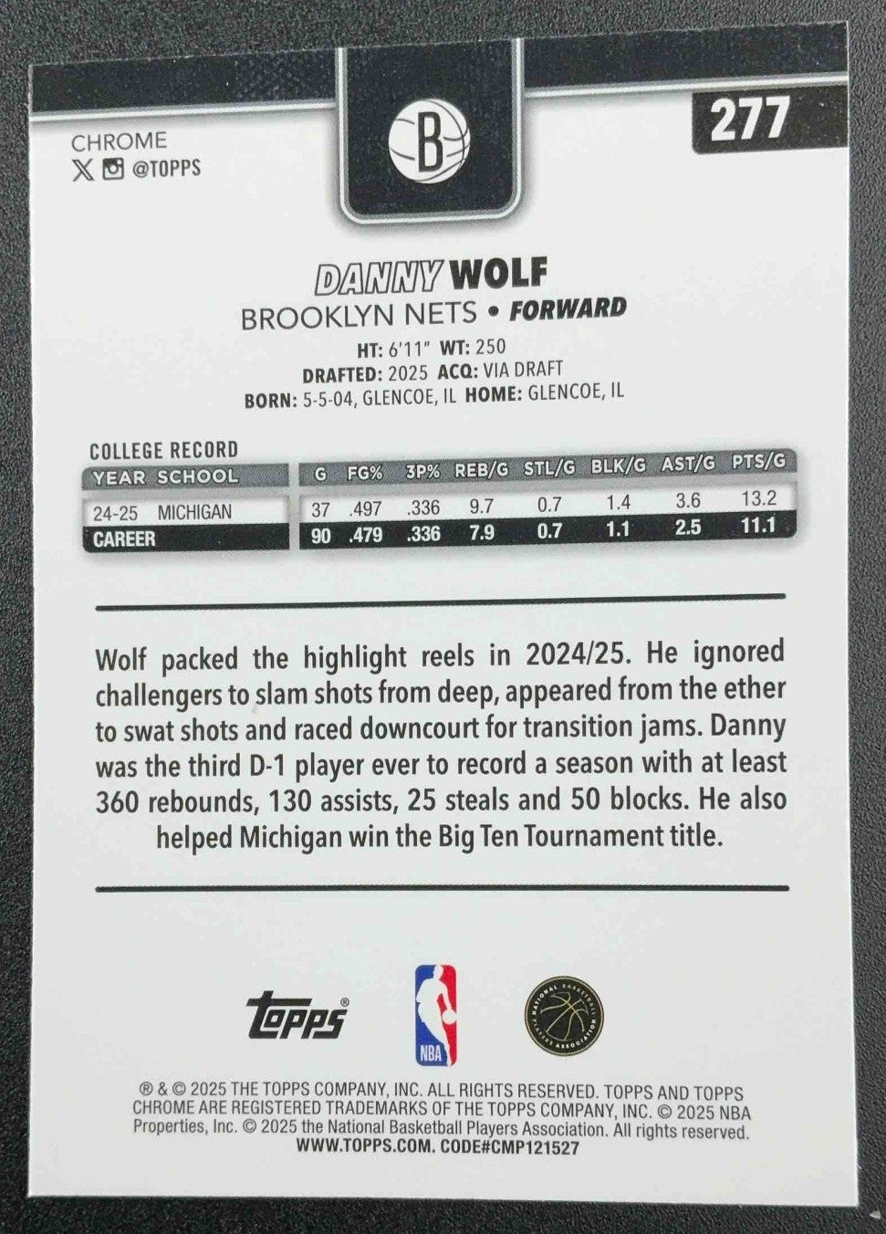 DANNY WOLF 2025-26 TOPPS CHROME #277 RED, WHITE & BLUE REFRACTOR RC NETS