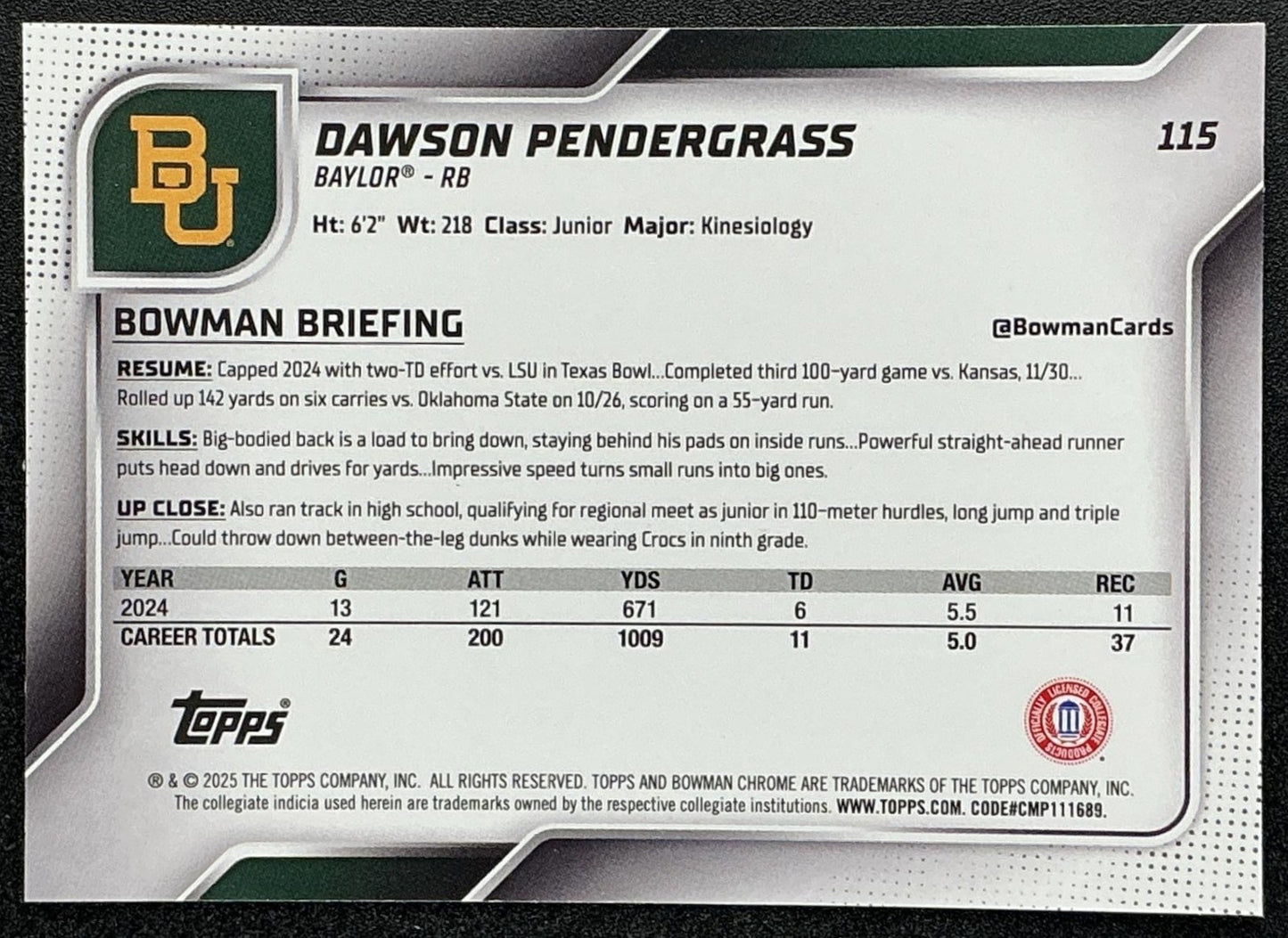 2025 Bowman Chrome University Sapphire Dawson Pendergrass #115 1st Prospect