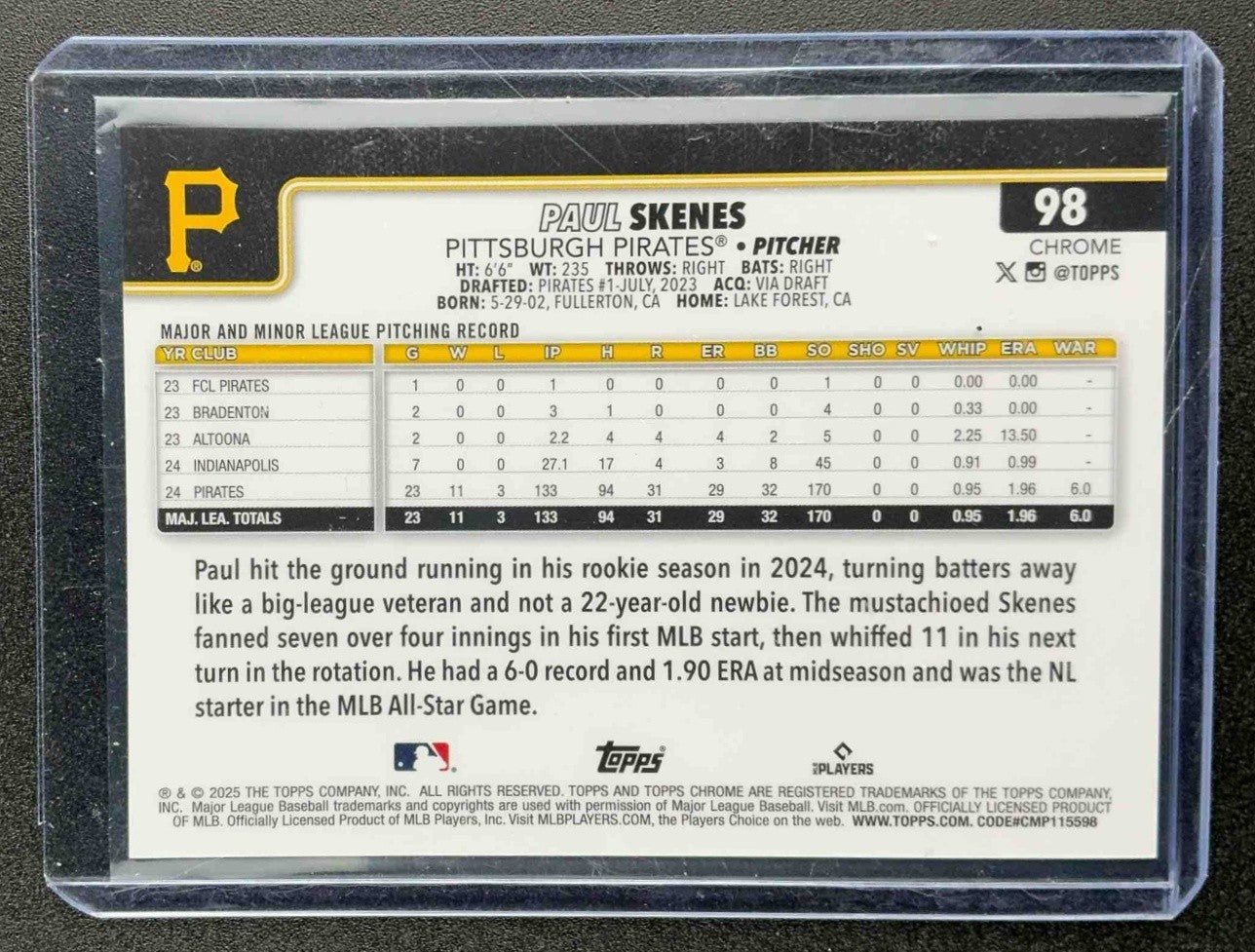 PAUL SKENES 2025 TOPPS CHROME UPDATE #98 CUP-FRACTOR VARIATION PIRATES